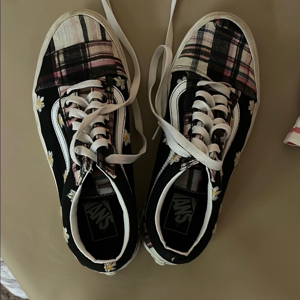 Vans Black and Pink Plaid Floral Sneakers